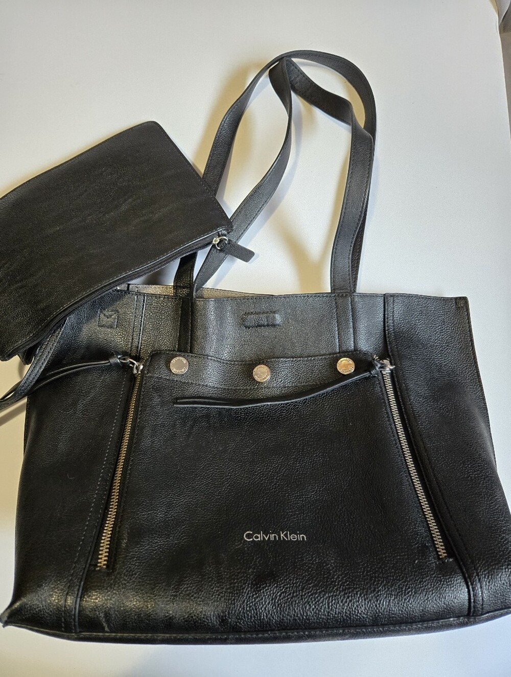 Calvin Klein Black Leather Tote with Removable Pouch